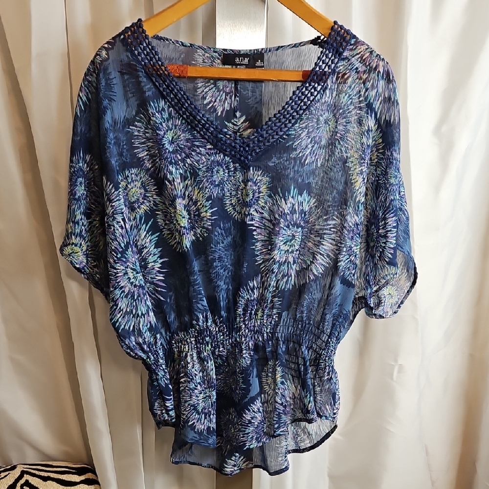 a.n.a Blue Patterned Sheer Blouse Sz M